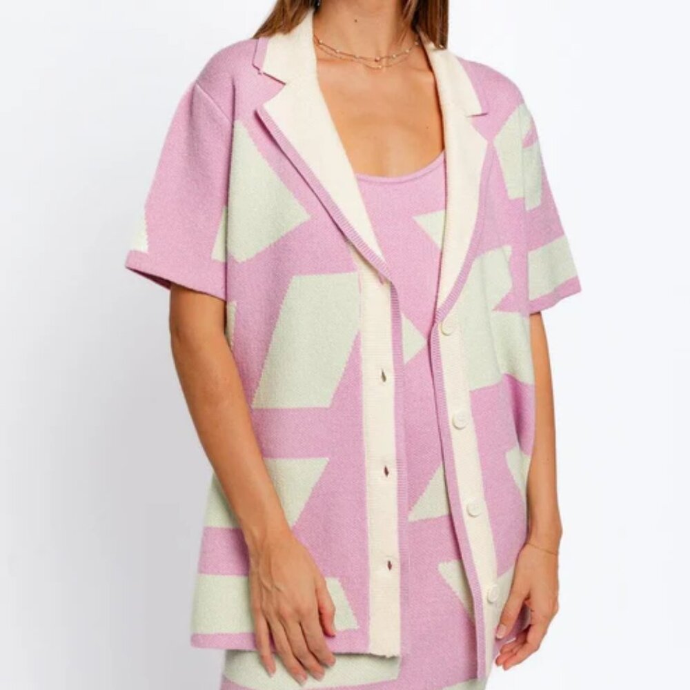 NEW Geometric Cardigan Set Sweater and Matching Dress Short Sleeve Collared Knit